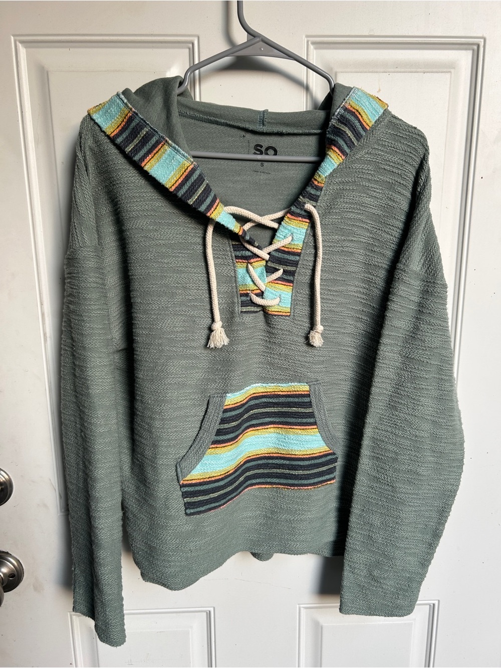 SO Sage Green Baja Hoodie with Multicolor Trim and Cream Drawstring